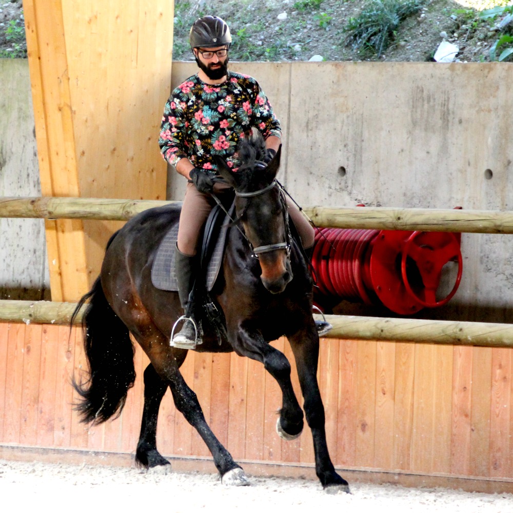 Cavalier en exercice de dressage dans le manège du centre équestre en Savoie près de Chambéry